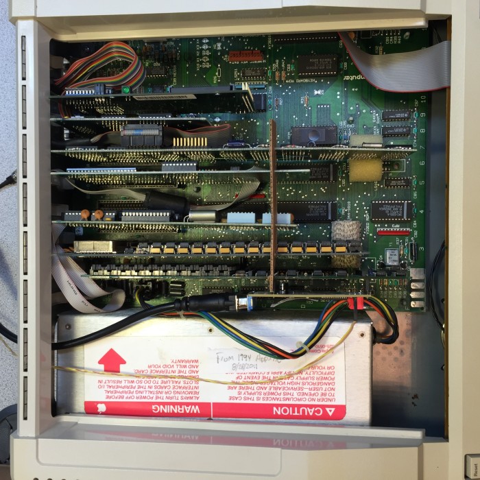 Interior picture of my Apple //e Platinum, showing all installed cards.